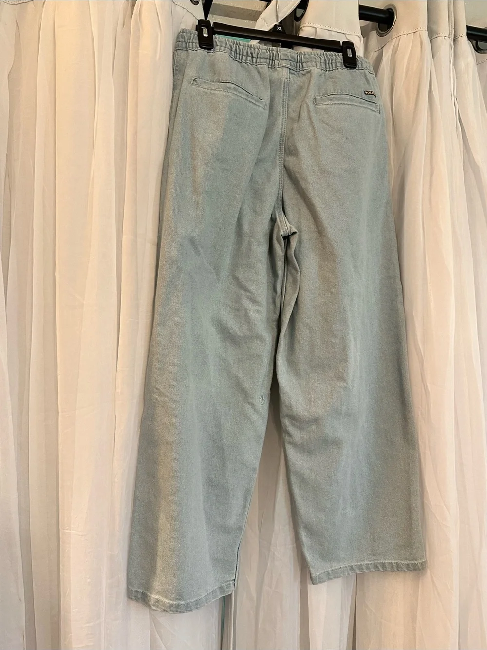 Volcom Men’s Light Wash Denim Wide-Leg Lounge Pants with Pockets and Drawstring